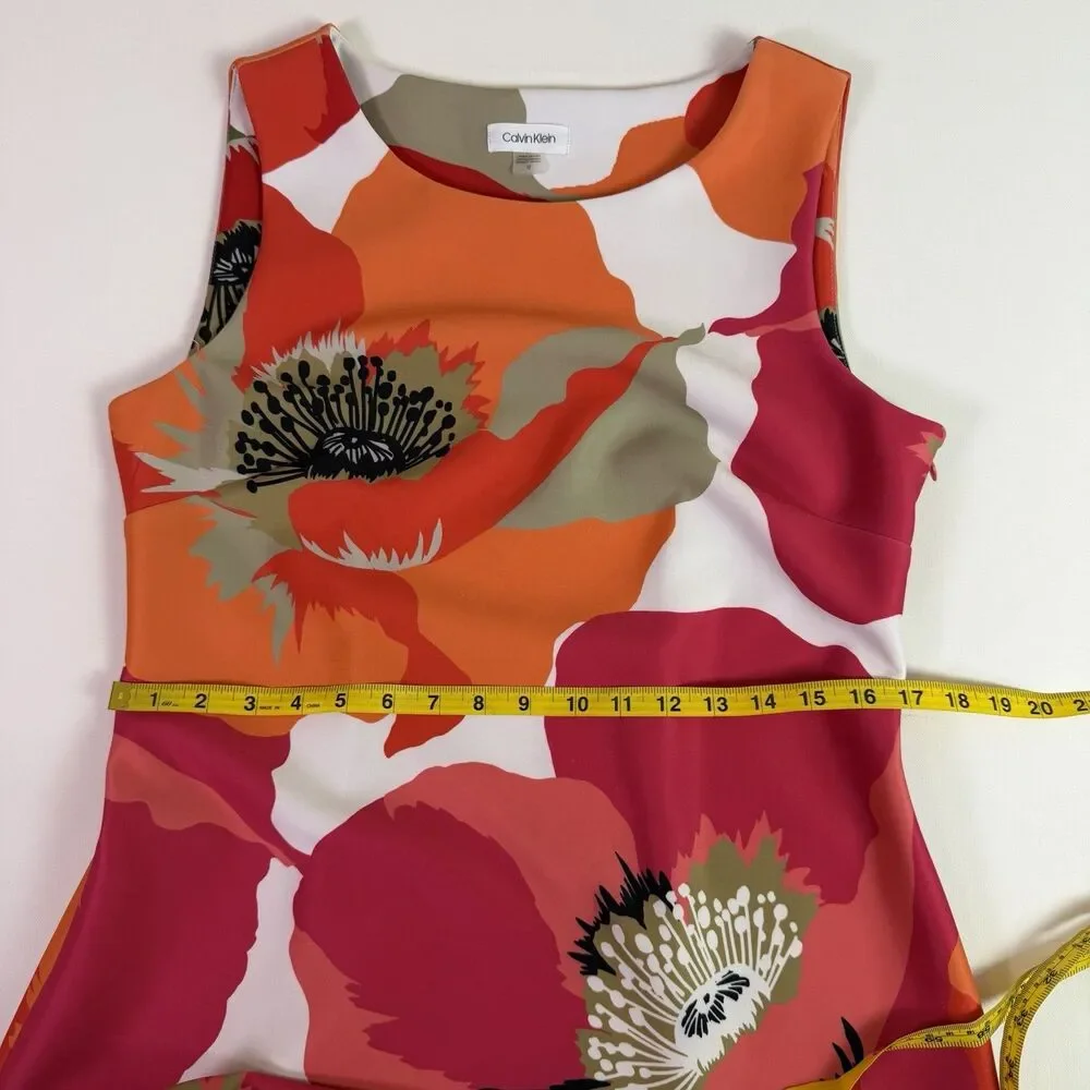 Calvin Klein Floral Sheath Midi Dress Women's 12 Pink Orange Bold Career Office - Picture 9 of 16